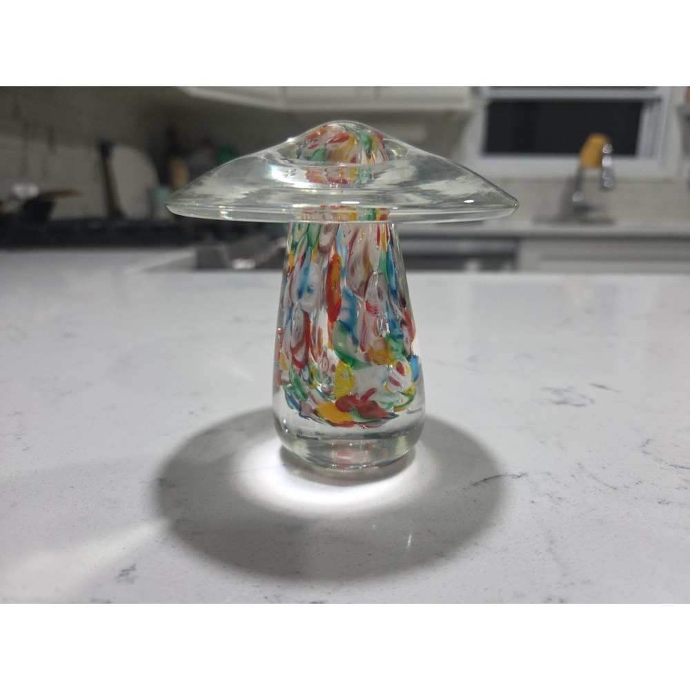 Murano Style Italian Art Glass Sculpture 3"Mushroom Paperweight - Colorful - Picture 2 of 8